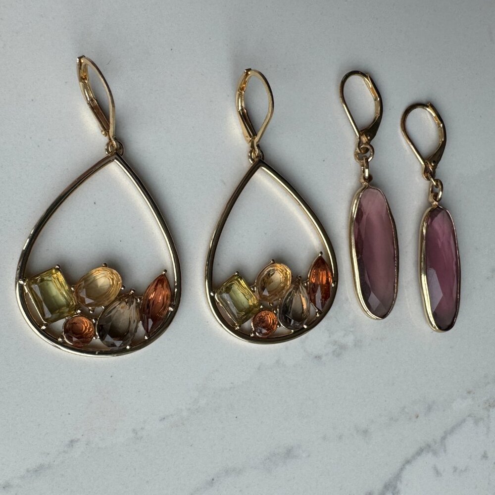2 Anne Klein Gold-Tone Dangle Earrings – Teardrop Gem Cluster & Lavender Glass - Picture 12 of 14